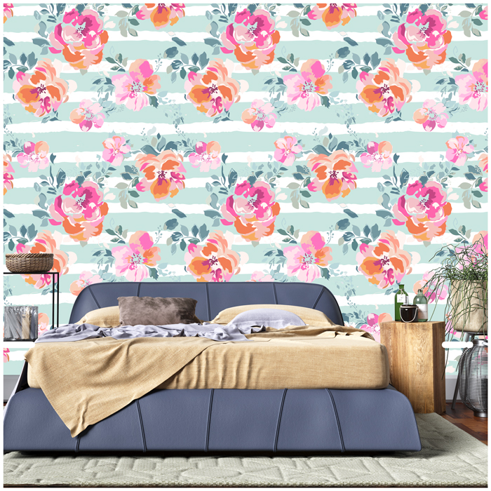 Pink & Blue Watercolor Flower Pattern Wallpaper For Walls