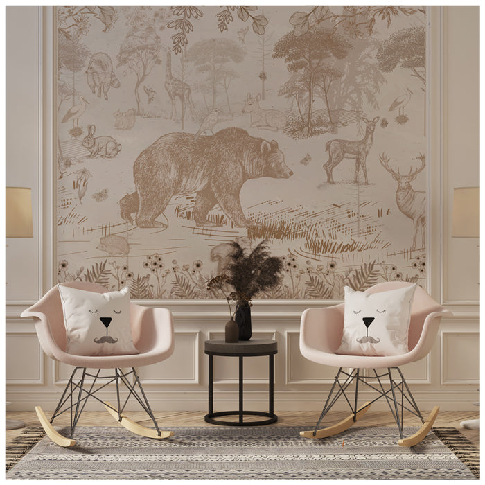 Forest Animals Wallpaper- Beige Color
