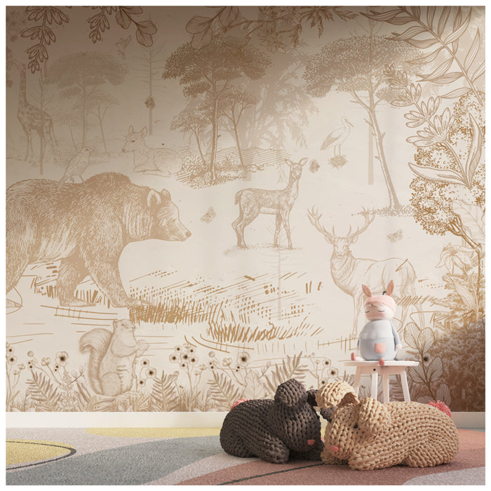 Forest Animals Wallpaper- Beige Color