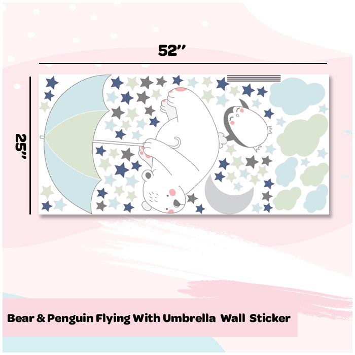 Wall Stickers For Room | Bear & Penguin Flying With Umbrella