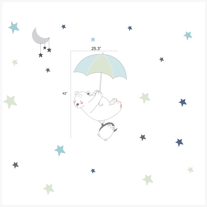 Wall Stickers For Room | Bear & Penguin Flying With Umbrella