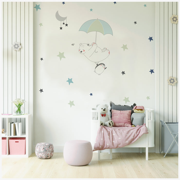 Wall Stickers For Room | Bear & Penguin Flying With Umbrella